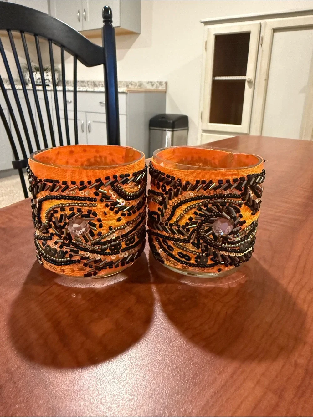 Pottery Barn Orange Beaded Votive Holders with Black Accents